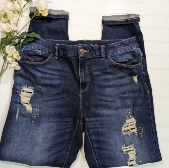Chico's Distressed, Embellished Dark Wash Platinum Jegging - Picture 1 of 7